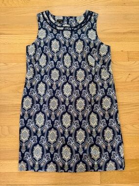 Talbots Cotton Sateen Shift Dress Medallion Blue White Sleeveless Sz 14 Petite